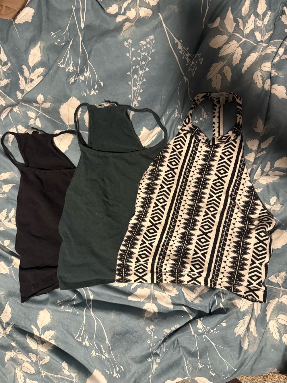 Charlotte Russe Black, Dark Green & Black-White Pattern Halter Crop Top Set